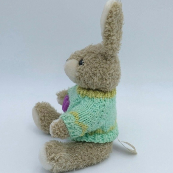 Vintage HugFun 1999 Plush Bunny Rabbit&Cow 10" Doll Flower Knitted Teal Sweater - Picture 4 of 10